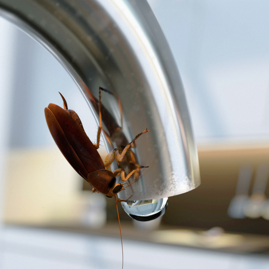 Cockroach drinking water from the kitchen tap