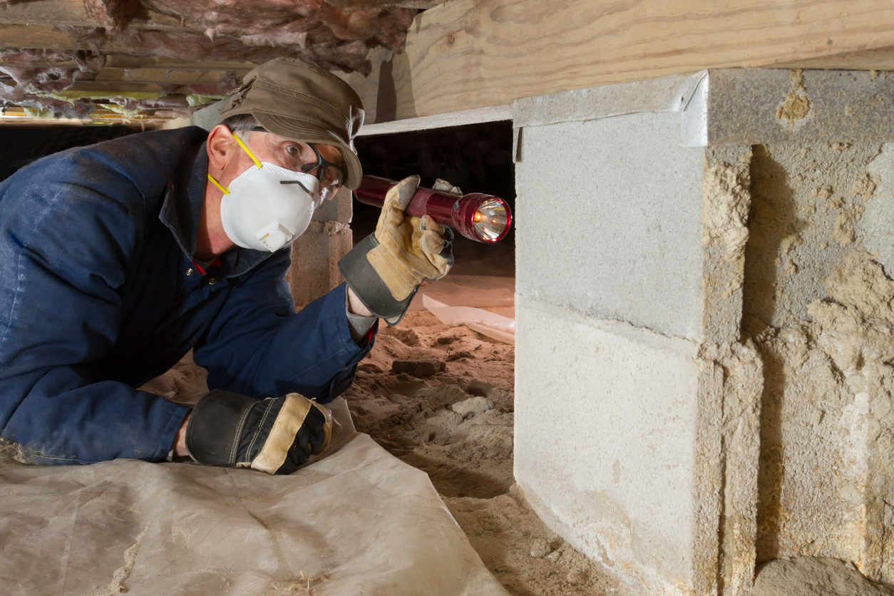 Home inspector looks for termites in residential home’s crawl space